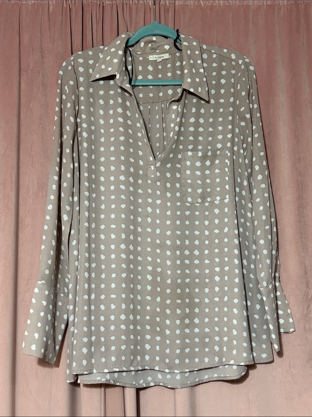 Pleione Taupe and White Polka Dot V-Neck Blouse